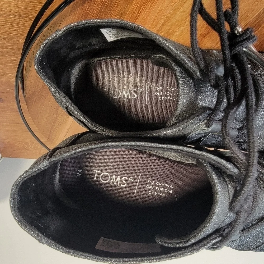 Toms Kala Black Sparkle Lace Up Wedge Booties Size 8